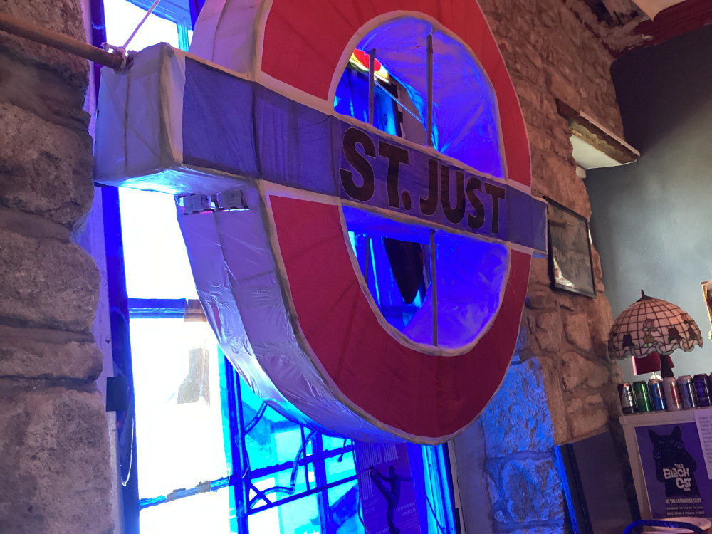 St Just sign over Lafrowda Club bar